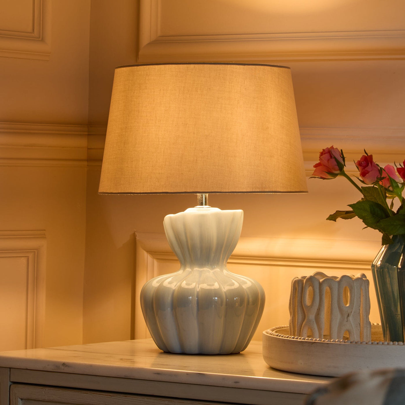 Dawes 30cm Cornflower Blue Ceramic Lamp Base & Coningsby Taupe Cotton Lampshade - 30cm