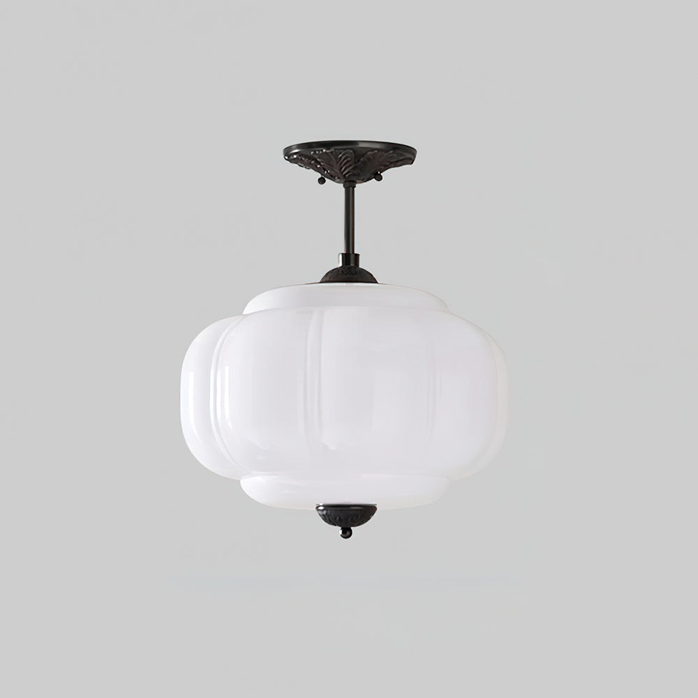 Ribbed White Glass Lantern Semi Flush Ceiling Light, 32cm Drop, Black Canopy, Smooth Domed Finial, Set of 2, Living Room & Hallway