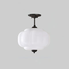Ribbed White Glass Lantern Semi Flush Ceiling Light, 32cm Drop, Black Canopy, Smooth Domed Finial, Set of 2, Living Room & Hallway