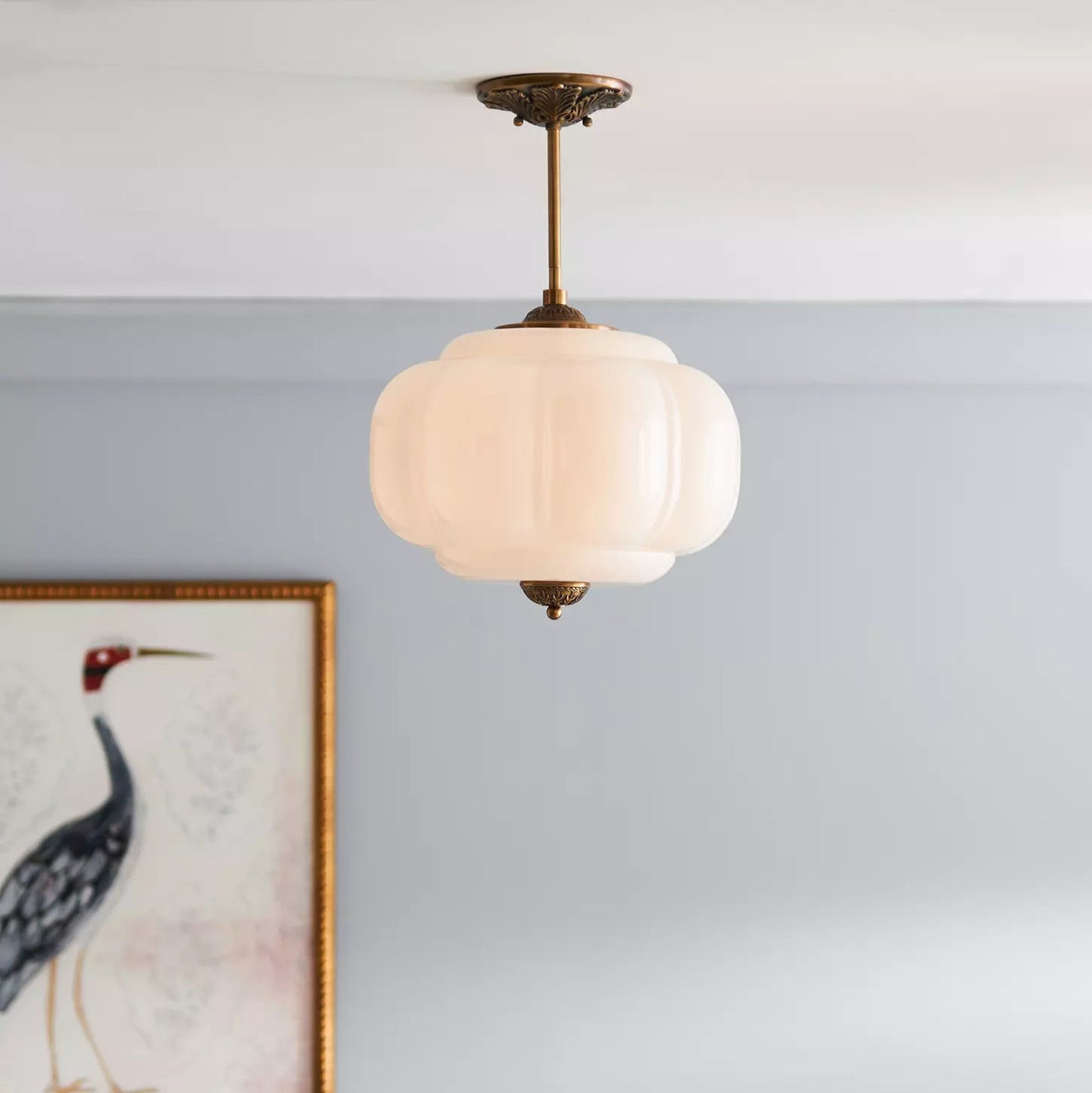 Ribbed White Glass Lantern Semi Flush Ceiling Light, 32cm Drop, Antique Brass Canopy, Ornate Floral Motif, Set of 2, Living Room & Hallway