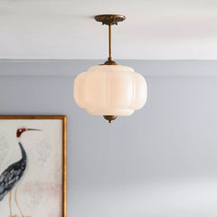 Ribbed White Glass Lantern Semi Flush Ceiling Light, 32cm Drop, Antique Brass Canopy, Ornate Floral Motif, Set of 2, Living Room & Hallway