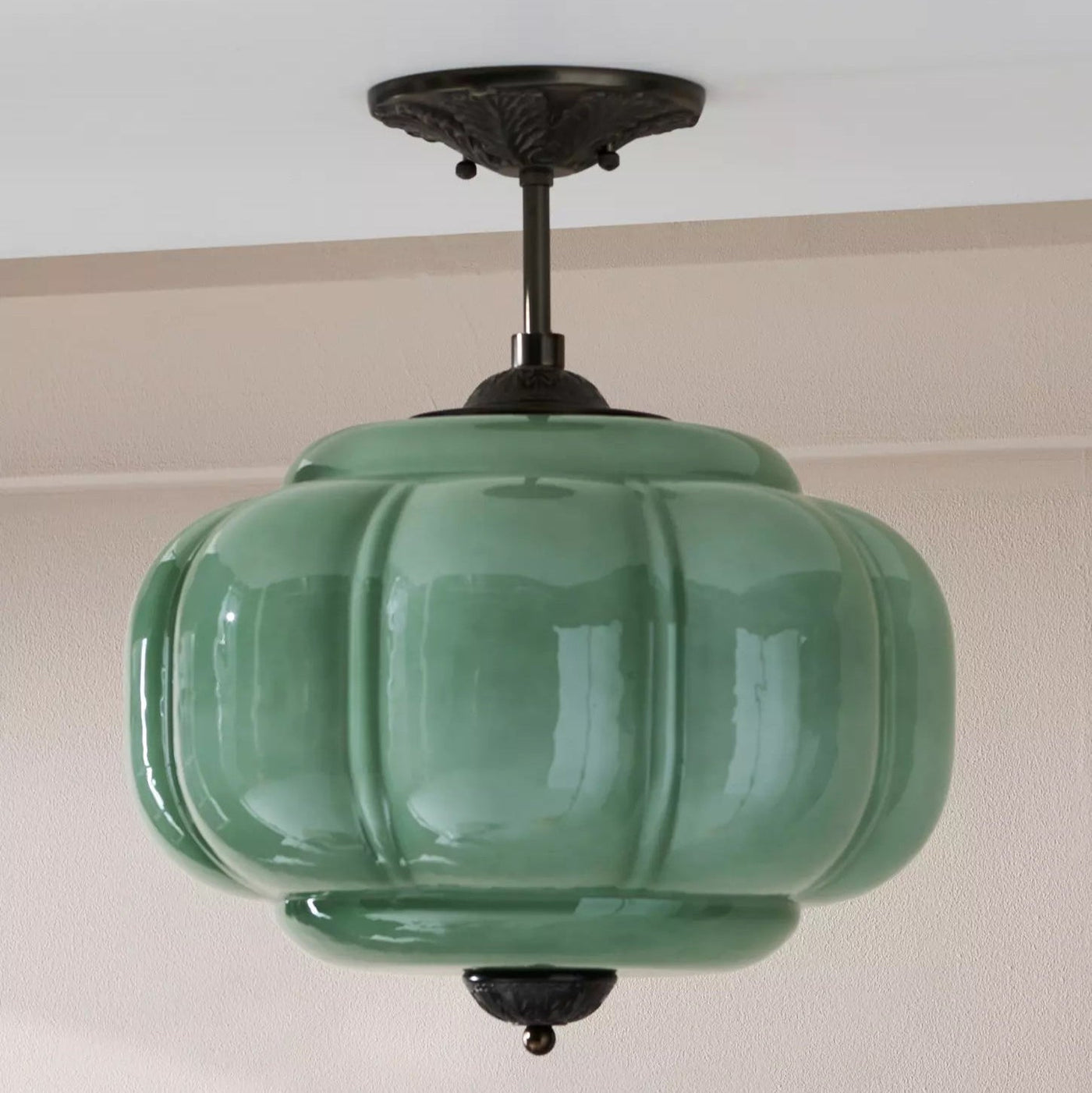 Ribbed Green Glass Lantern Semi Flush Ceiling Light, 52cm Drop, Antique Brass Canopy, Ornate Floral Motif, Set of 2, Living Room & Hallway