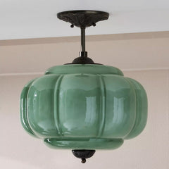 Ribbed Green Glass Lantern Semi Flush Ceiling Light, 52cm Drop, Antique Brass Canopy, Ornate Floral Motif, Set of 2, Living Room & Hallway