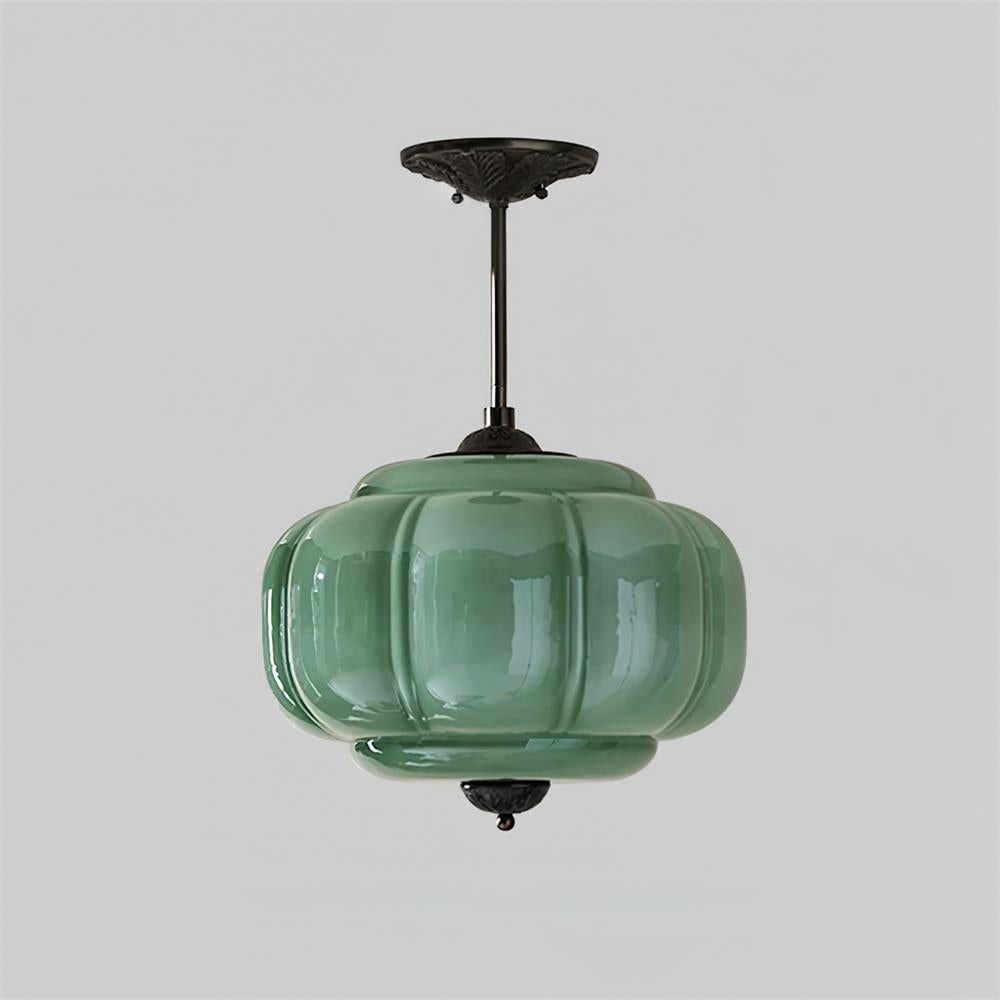 Ribbed Green Glass Lantern Semi Flush Ceiling Light, 32cm Drop, Black Canopy, Smooth Domed Finial, Set of 2, Living Room & Hallway