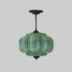 Ribbed Green Glass Lantern Semi Flush Ceiling Light, 32cm Drop, Black Canopy, Smooth Domed Finial, Set of 2, Living Room & Hallway