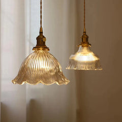 Fluted Green Glass Bell Pendant Light, Scalloped Floral Edge on a Brass Fitting, Bulb Not Included, Bedside & Living Room