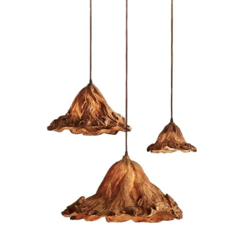 Ochre Textured Fabric Cone Pendant Light, Three-Shade Cluster, Rustic Mountain Silhouette, Dining Table & Hallway