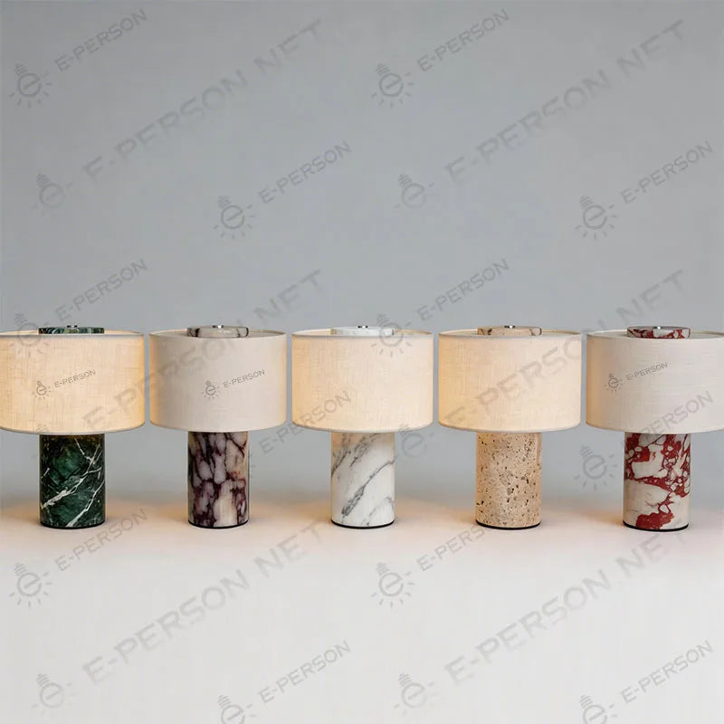 Green Marbled Stone Drum Table Lamp, Cream Linen Shade, Polished Cylinder Base, Bedside & Living Room Console Table