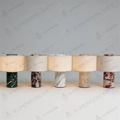 Green Marbled Stone Drum Table Lamp, Cream Linen Shade, Polished Cylinder Base, Bedside & Living Room Console Table