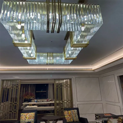 Faceted Crystal Linear Rectangular Chandelier, 200 Centimetre Run, Slim Gold Frame, Dining Table & Kitchen Island