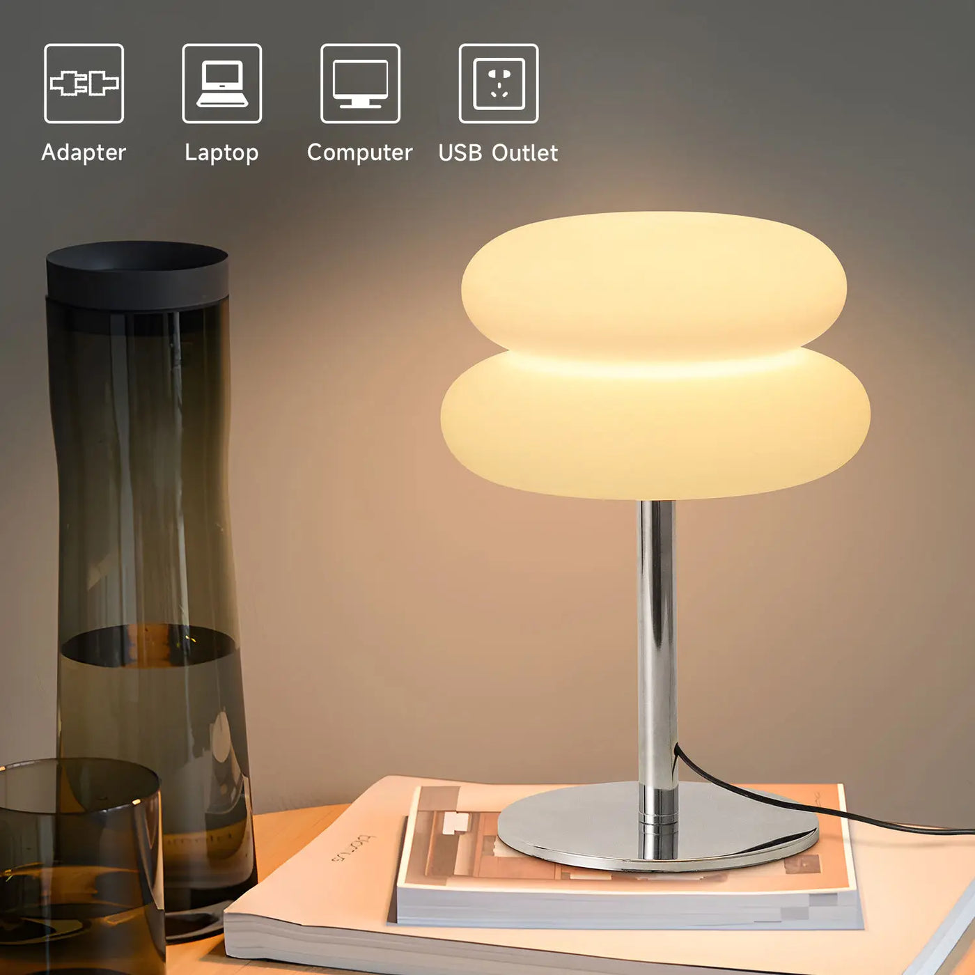 Sculptural White Pebble Table Lamp, Stacked Rounded Glass Forms on a Polished Chrome Base, Living Room and Bedside