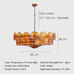Textured Amber Glass Drum Chandelier, Layered Overlapping Discs, Brass Pin Detail, Integrated LED, Bedroom & Living Room