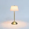 Pink Pleated Fabric Cone Table Lamp, Brass Stem, Rechargeable Cordless Touch Control, Bedside, Console & Dining Table