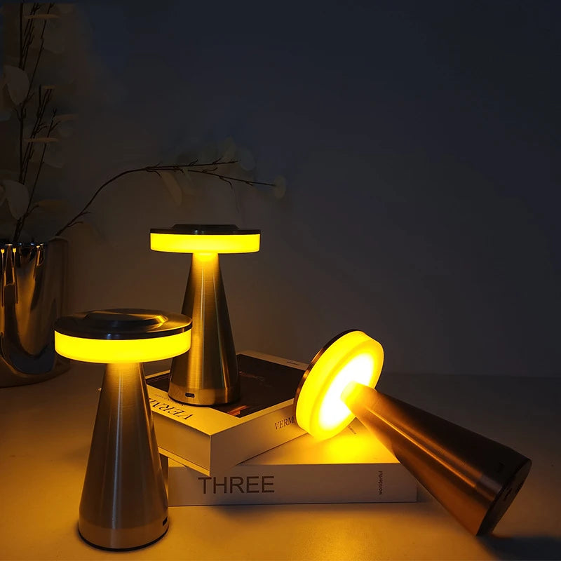 Cordless Rechargeable Metal Table Lamp, Silver Finish, Touch Control Cone Base Design, Bedside & Occasional Table