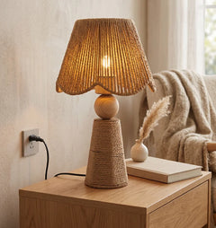 Woven Paper Rope Cone Table Lamp, Amber Finish, Turned Wood Ball Waist, Handmade Texture, Bedside, Console & Living Room
