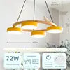 Textured Wood Ring Chandelier, 4 Yellow Drum Shades, Resin Bird Detail, Natural Finish, Dining Room & Living Room