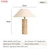Travertine Column Table Lamp, Natural Mottled Stone Base, Wide Cream Linen Drum Shade, Living Room & Bedroom