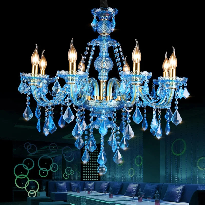 Blue Glass Branch Chandelier, 8 Candle Style Arms, Gold Fittings, Crystal Drops, With Fabric Shades, Dining and Living Room