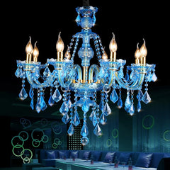 Blue Glass Branch Chandelier, 8 Candle Style Arms, Gold Fittings, Crystal Drops, With Fabric Shades, Dining and Living Room
