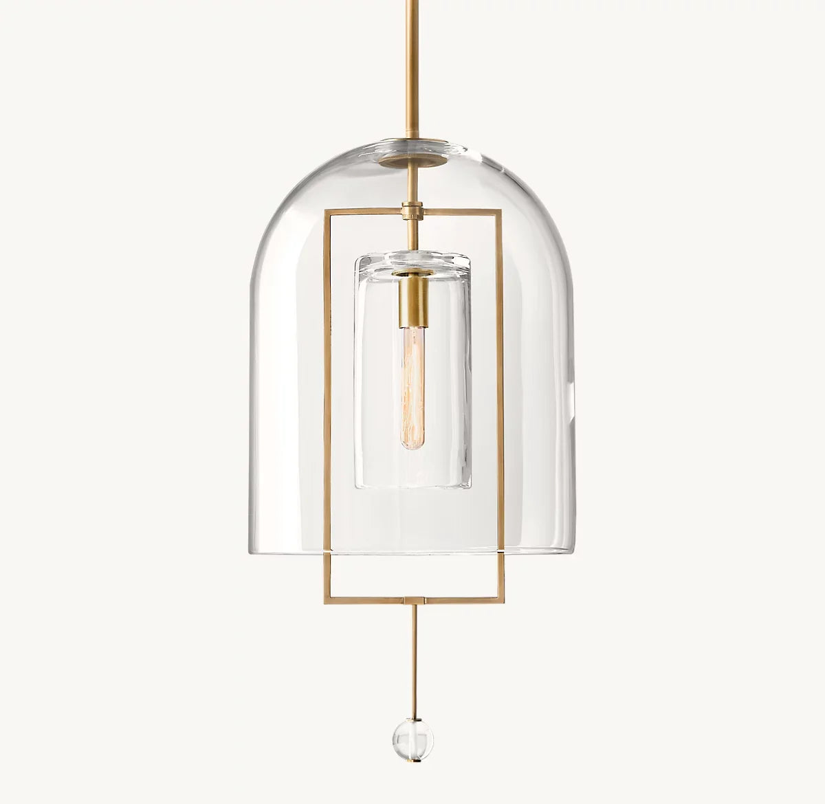 Clear Glass Bell Pendant Light, Vintage Brass Rectangle Frame, 13" Dome, Exposed Filament Bulb, Hallway, Dining Table & Living Room