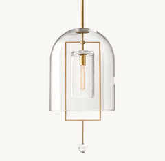 Clear Glass Bell Pendant Light, Vintage Brass Rectangle Frame, 13" Dome, Exposed Filament Bulb, Hallway, Dining Table & Living Room