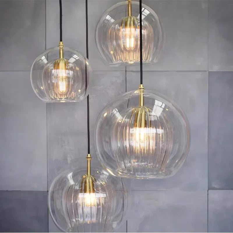 Ribbed Clear Glass Globe Pendant Light, Brass Cap on Braided Cable, 20cm, Bulb Not Included, Kitchen Island, Dining Table & Bedside