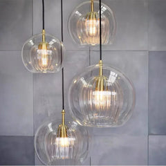 Ribbed Clear Glass Globe Pendant Light, Brass Cap on Braided Cable, 20cm, Bulb Not Included, Kitchen Island, Dining Table & Bedside