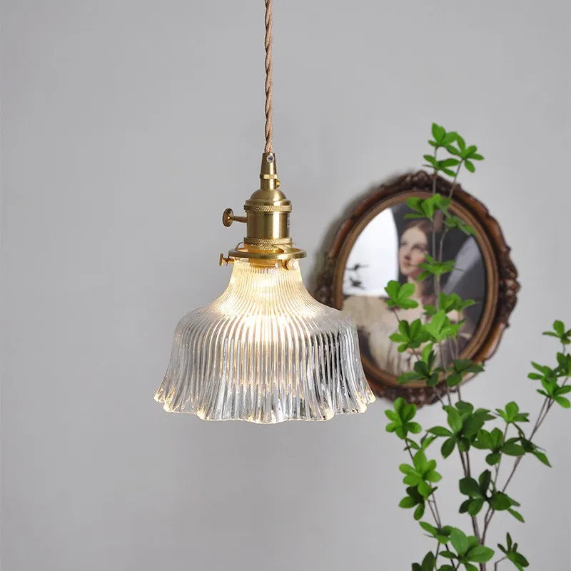 Fluted Green Glass Bell Pendant Light, Scalloped Floral Edge on a Brass Fitting, Bulb Not Included, Bedside & Living Room