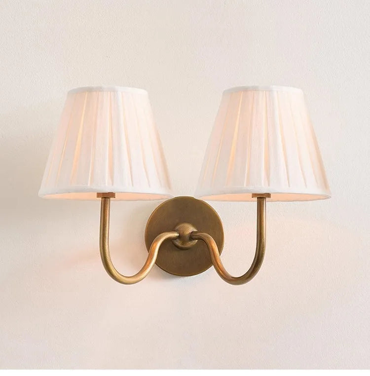 Antique Brass Wall Light, Curved Arm, Pleated Cream Fabric Shade, Also in Twin Arm, Bedroom, Bedside & Hallway