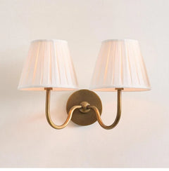 Antique Brass Wall Light, Curved Arm, Pleated Cream Fabric Shade, Also in Twin Arm, Bedroom, Bedside & Hallway