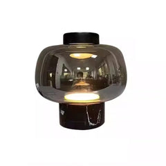 Smoked Glass Dome Table Lamp, Puffed Bubble Shade on a White Marble Base, Black Cap Top, Living Room and Bedside
