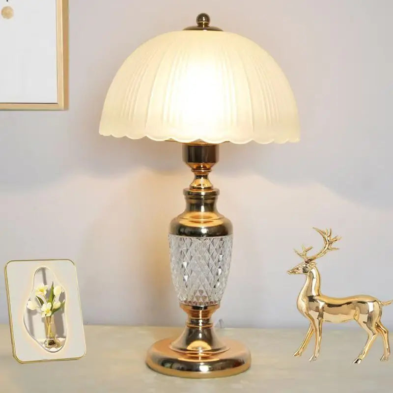 Gold and Brass Table Lamp, Fluted Glass Dome Shade with Scalloped Edge, Turned Brass Baluster Base, Bedside & Console