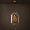 Clear Glass Bell Pendant Light, Vintage Brass Rectangle Frame, 15.5" Dome, Exposed Filament Bulb, Hallway, Dining Table & Living Room