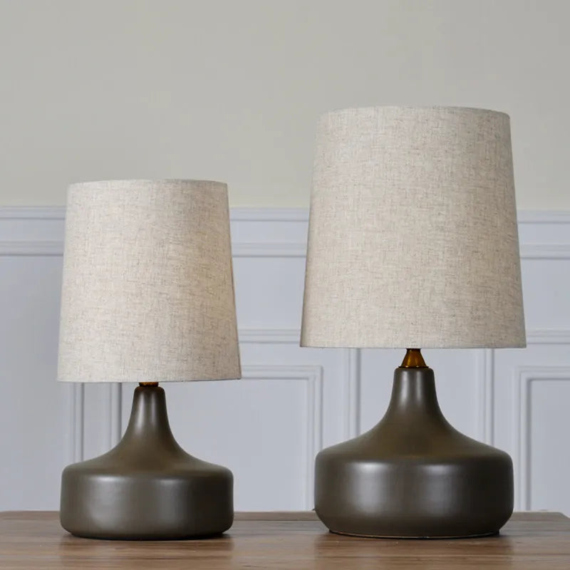 Ceramic Teardrop Table Lamp, Grey Bulbous Glazed Body, Large Size, Linen Drum Shade, Bedroom, Bedside & Living Room
