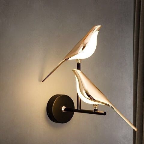 Polished Gold Bird Wall Light, 2 Light Sculptural Fitting, Black Backplate, Bedside Wall & Hallway Accent Piece