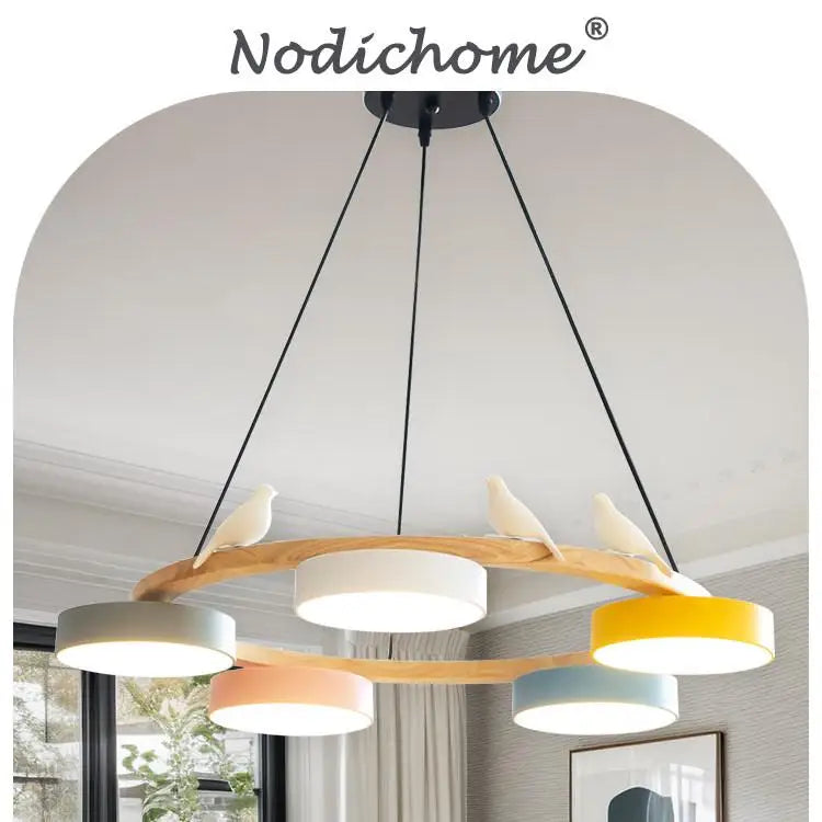 Textured Wood Ring Chandelier, 5 Blue Drum Shades, Resin Bird Detail, Natural Finish, Dining Room & Living Room