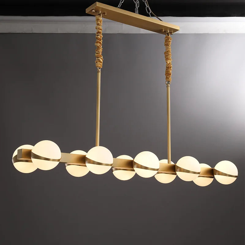 Opal Glass Globe Linear Bar Chandelier, Bisected Brass Frame, 10 Lights, Rope Hung, Dining Room & Living Room
