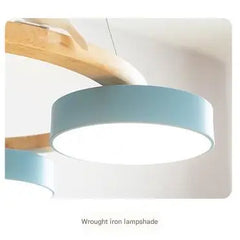 Textured Wood Ring Chandelier, 4 Blue Drum Shades, Resin Bird Detail, Natural Finish, Dining Room & Living Room