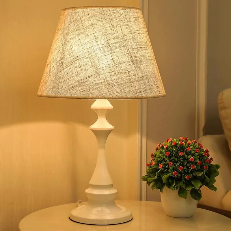 Turned Column Table Lamp, White Finish, Natural Linen Cone Shade, Candlestick Profile, Bedside, Home Office & Console