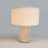 Polished Glass Cylinder Table Lamp in a Marbled Sand Finish, Oatmeal Linen Drum Shade, Bedside & Living Room