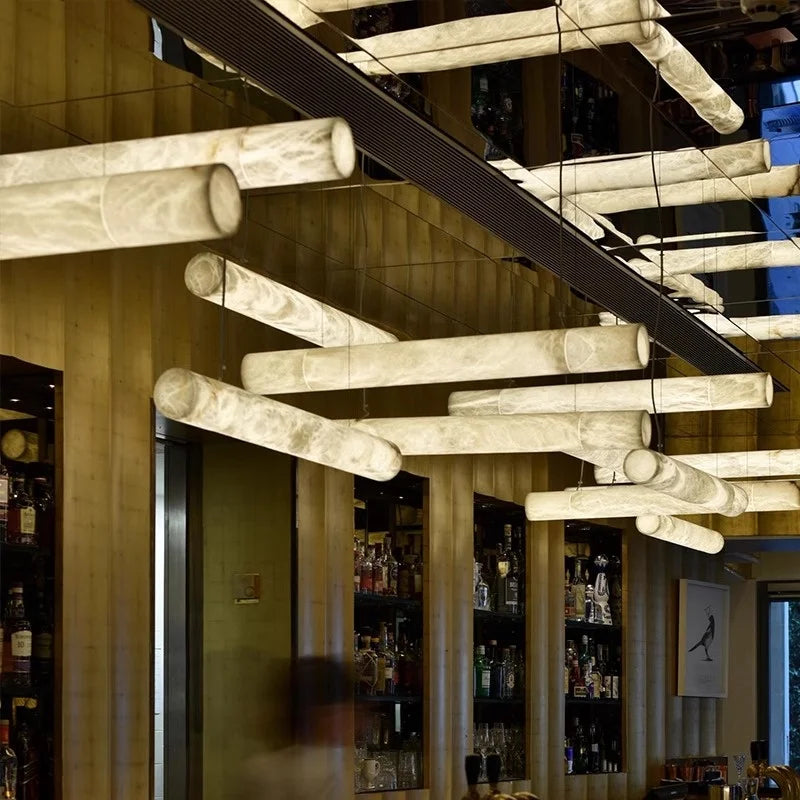 Natural Alabaster Linear Bar Pendant Light, 180cm Length, Knotted Texture, Integrated LED, Kitchen Island & Dining Room
