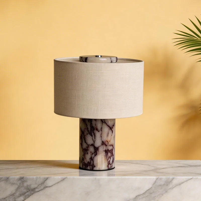 Rosso Levanto Marble Column Table Lamp, Natural Linen Drum Shade, Individually Veined Stone, Living Room, Bedroom & Console