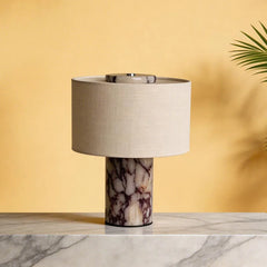 Rosso Levanto Marble Column Table Lamp, Natural Linen Drum Shade, Individually Veined Stone, Living Room, Bedroom & Console