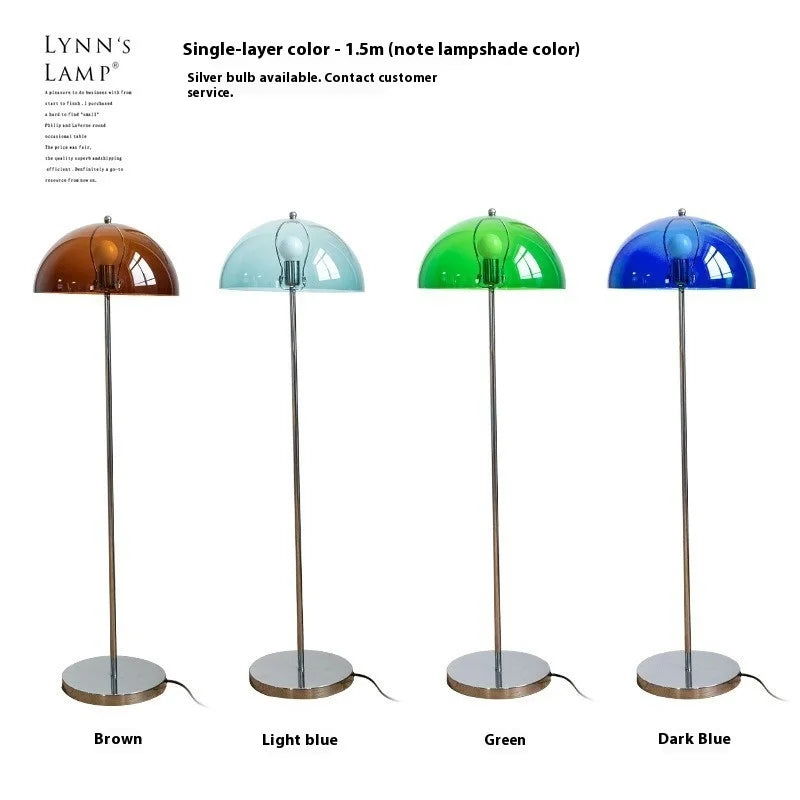 Blue Dome Floor Lamp, Mushroom Shaped Shade on a Slim Chrome Pole, Round Base, Living Room and Reading Corner