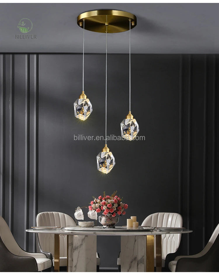 Faceted Crystal Cluster Pendant Light, 5 Heads on a Brass Canopy, 150 x 30cm, Fine Cable Suspension, Living Room & Stairwell