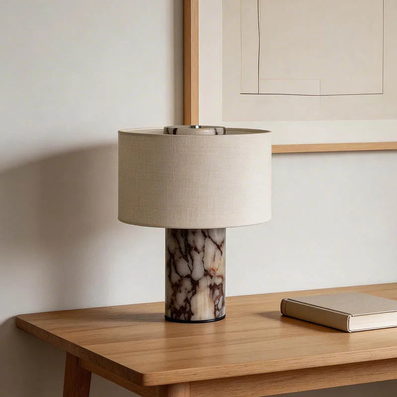 Polished Glass Cylinder Table Lamp in a Marbled Green Finish, Oatmeal Linen Drum Shade, Bedside & Living Room