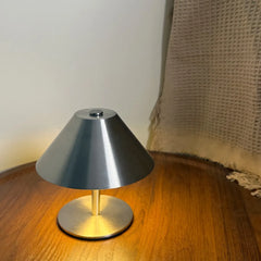 Brushed Chrome Cone Shade Table Lamp, Slim Chrome Stem, Round Disc Base, Adjustable Colour, Bedside & Home Office Desk