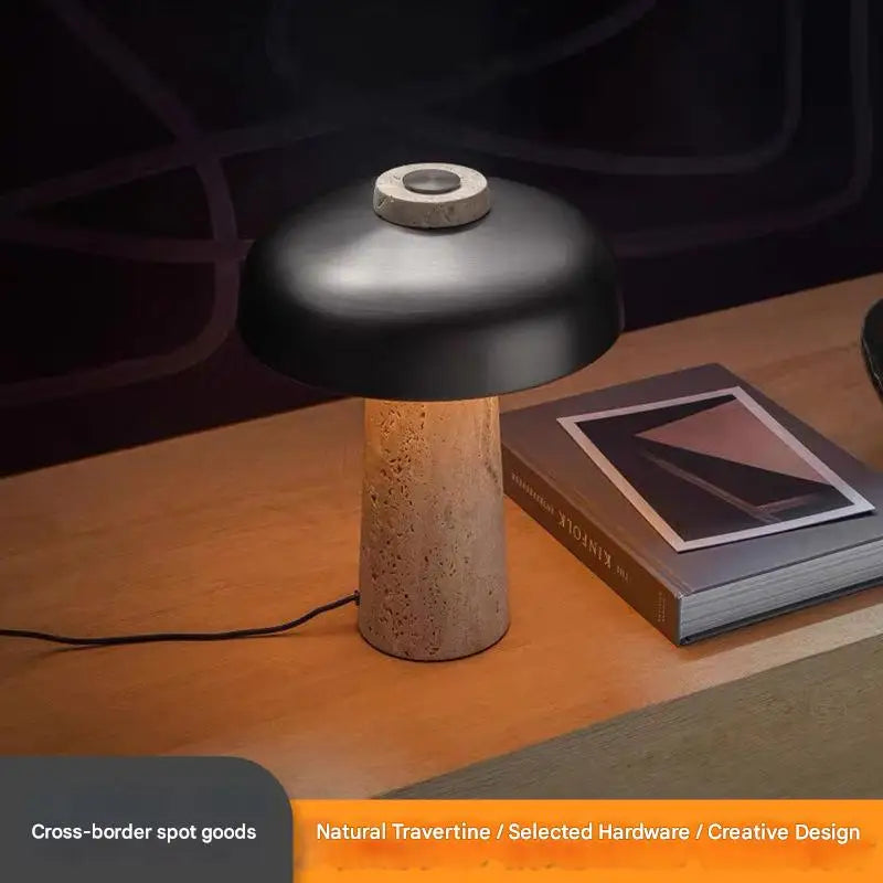 Natural Travertine Mushroom Table Lamp, White Metal Dome Cap, Tapered Stone Column, Living Room, Study & Bedside