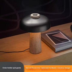 Natural Travertine Mushroom Table Lamp, White Metal Dome Cap, Tapered Stone Column, Living Room, Study & Bedside