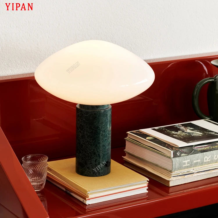 Glossy Opal Glass Dome Table Lamp, Green Marble Column Base, Rounded Mushroom Shade, 25 x 36cm, Bedside & Console Table